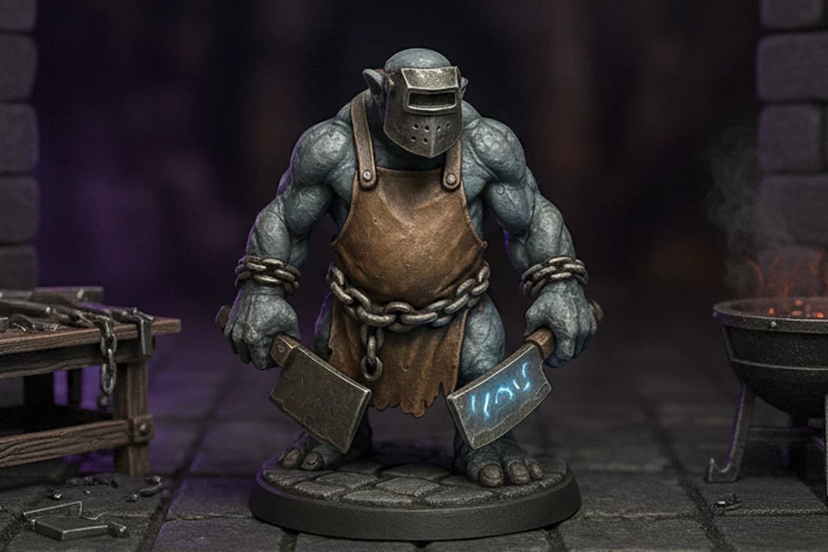 Miniature design interface showing 2D concept art of a hero character