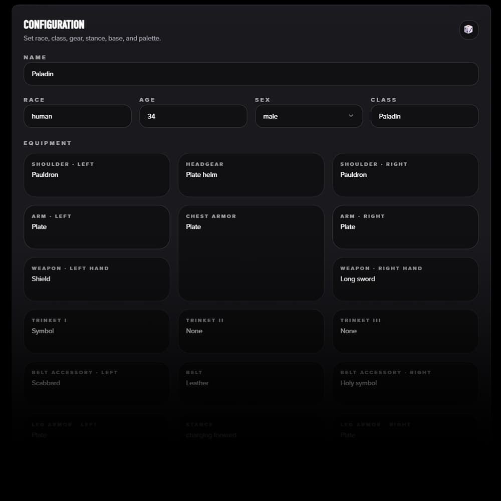 Miniature design interface showing 2D concept art of a hero character