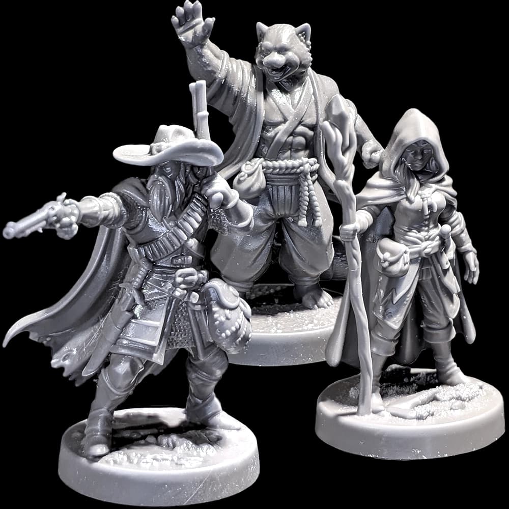 Physical resin miniature standing on a tabletop surface