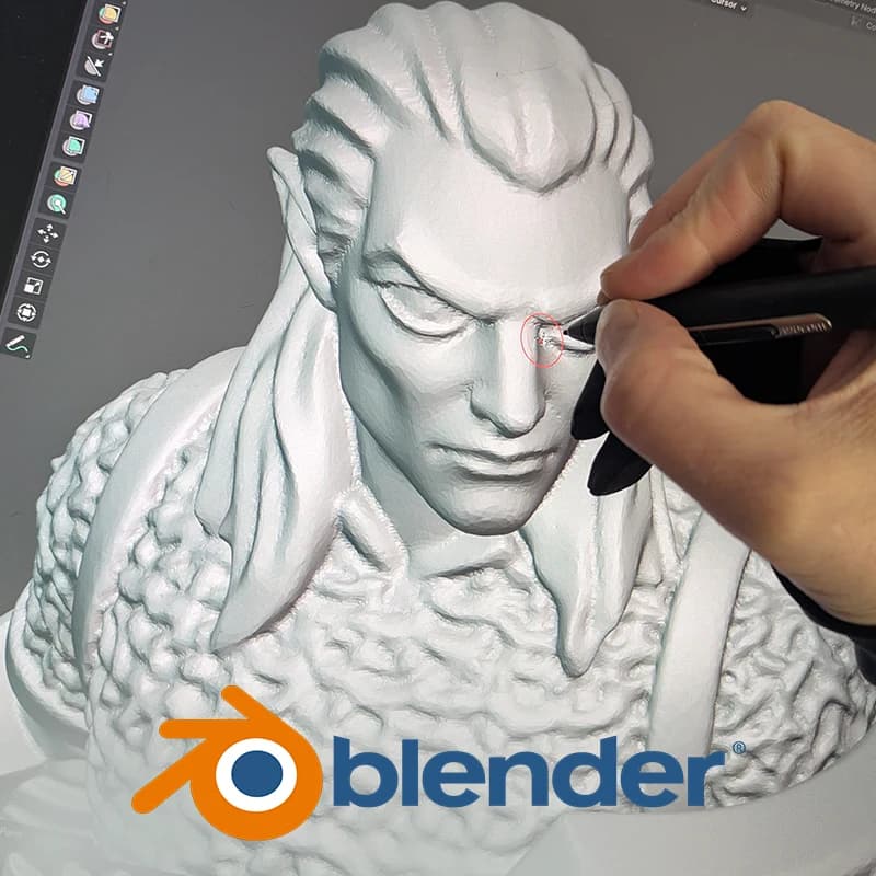 A miniature's 3D model being cleaned up by hand in Blender