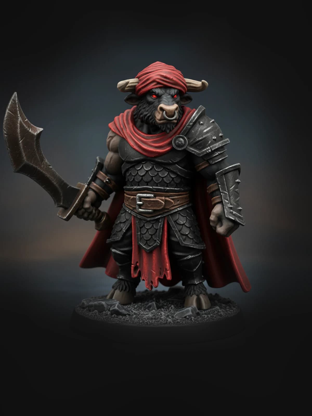 2D character concept of a bull warrior with dark armor, a red cape, and a curved sword