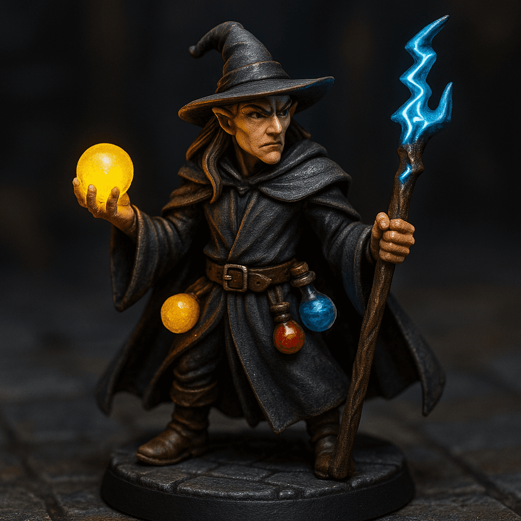 Miniature render generated for: A highly detailed tabletop miniature of a male wood-elf WIZARD, wearing dark wizard cloak, posed heroic stance.
Crafted in 32mm heroic scale hand-painted resin miniature, capturing dramatic storytelling energy.
Headgear: wizard hat.
Shoulder · Left: none.
Shoulder · Right: none.
Chest Armor: dark wizard cloak.
Arm · Left: none.
Arm · Right: none.
Weapon · Left Hand: orb.
Weapon · Right Hand: electric staff.
Trinket I: none.
Trinket II: none.
Trinket III: none.
Belt: leather belt.
Belt Accessory · Left: red potion.
Belt Accessory · Right: blue potion.
Leg Armor · Left: none.
Leg Armor · Right: none.
Stance: heroic stance.
Style: professional miniature photography, dramatic three-point lighting, shallow depth of field, crisp focus on the model; edge highlights, glaze transitions, OSL glow on runes, subtle weathering.
Camera: hero three-quarter perspective.
Background: dungeon tiles base with atmospheric scenic effects.
Palette: colors 0004E0, FFE600, FFFFFF as accent tones.
Guidance: no logos, no text overlays, no famous named characters; emphasise miniature craftsmanship.
Consistency token: seed 8550977.
3D printing constraints: Maintain 32 mm heroic scale proportions without altering listed materials, colors, or equipment. Anchor the figure securely on a 25 mm round base; allow supports but avoid fragile floating details or knife-edge geometry. Ensure all parts meet or exceed 1.2 mm wall thickness and keep overhangs self-supporting. Deliver a watertight, manifold STL-ready mesh with clean normals; no hollow cavities or disconnected pieces.
