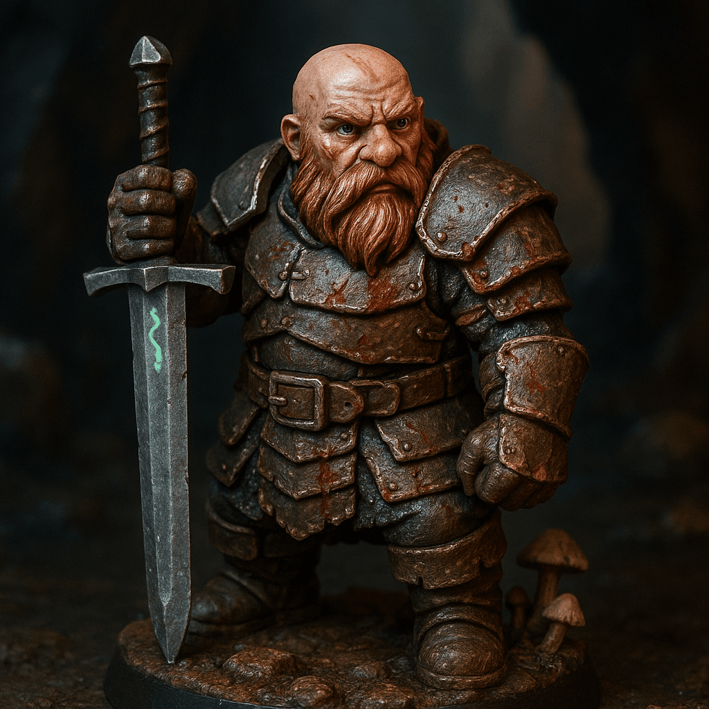 Miniature render generated for: A highly detailed tabletop miniature of a Mountain Dwarf Paladin, wearing Layered leather armor with battle wounds, armed with Two handed silver great sword, posed standing guard.
Crafted in 32mm heroic scale hand-painted resin miniature, capturing dramatic storytelling energy.
Style: professional miniature photography, dramatic three-point lighting, shallow depth of field, crisp focus on the model; edge highlights, glaze transitions, OSL glow on runes, subtle weathering.
Camera: hero three-quarter perspective.
Background: damp caverns with mushrooms base with atmospheric scenic effects.
Palette: colors 401500, 022200, B1B1B1 as accent tones.
Guidance: no logos, no text overlays, no famous named characters; emphasise miniature craftsmanship.
Consistency token: seed 9042767.