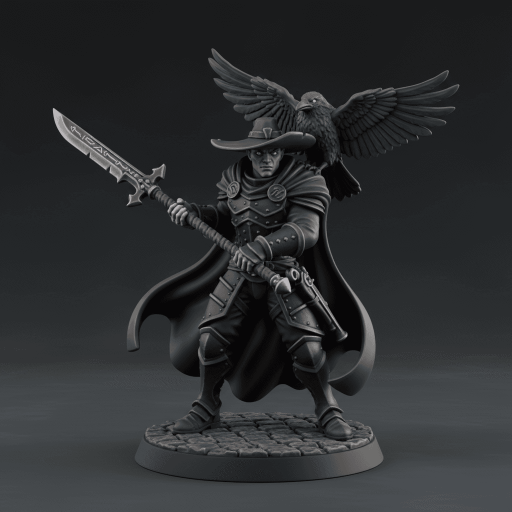 Khoel Shadar-kai; kind face; gray skin; silver eyes Occult Monster Hunter / Raven Queen Warlock