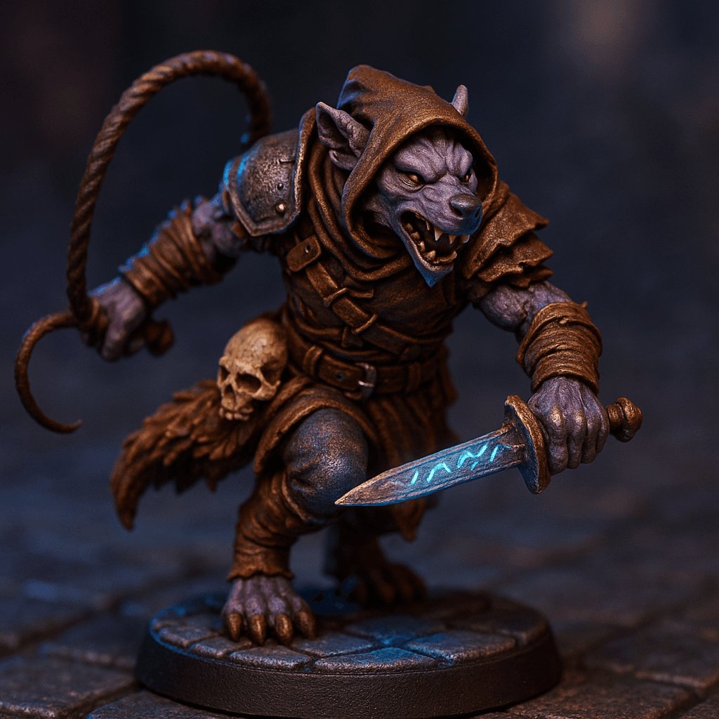 Miniature render generated for: A highly detailed tabletop miniature of a male Gnoll Fighter, wearing layered leather armor with hood, posed Charging.
Crafted in 32mm heroic scale hand-painted resin miniature, capturing dramatic storytelling energy.
Headgear: none.
Shoulder · Left: Iron shoulder guard.
Shoulder · Right: none.
Chest Armor: layered leather armor with hood.
Arm · Left: none.
Arm · Right: none.
Weapon · Left Hand: Whip.
Weapon · Right Hand: shortsword.
Trinket I: Human skull.
Trinket II: none.
Trinket III: none.
Belt: Leather.
Belt Accessory · Left: Pelt.
Belt Accessory · Right: none.
Leg Armor · Left: none.
Leg Armor · Right: none.
Stance: Charging.
Style: professional miniature photography, dramatic three-point lighting, shallow depth of field, crisp focus on the model; edge highlights, glaze transitions, OSL glow on runes, subtle weathering.
Camera: hero three-quarter perspective.
Background: dungeon tiles base with atmospheric scenic effects.
Palette: colors 4338CA, A855F7, 22D3EE as accent tones.
Guidance: no logos, no text overlays, no famous named characters; emphasise miniature craftsmanship.
Consistency token: seed 988421.
3D printing constraints: Maintain 32 mm heroic scale proportions without altering listed materials, colors, or equipment. Anchor the figure securely on a 25 mm round base; allow supports but avoid fragile floating details or knife-edge geometry. Ensure all parts meet or exceed 1.2 mm wall thickness and keep overhangs self-supporting. Deliver a watertight, manifold STL-ready mesh with clean normals; no hollow cavities or disconnected pieces.