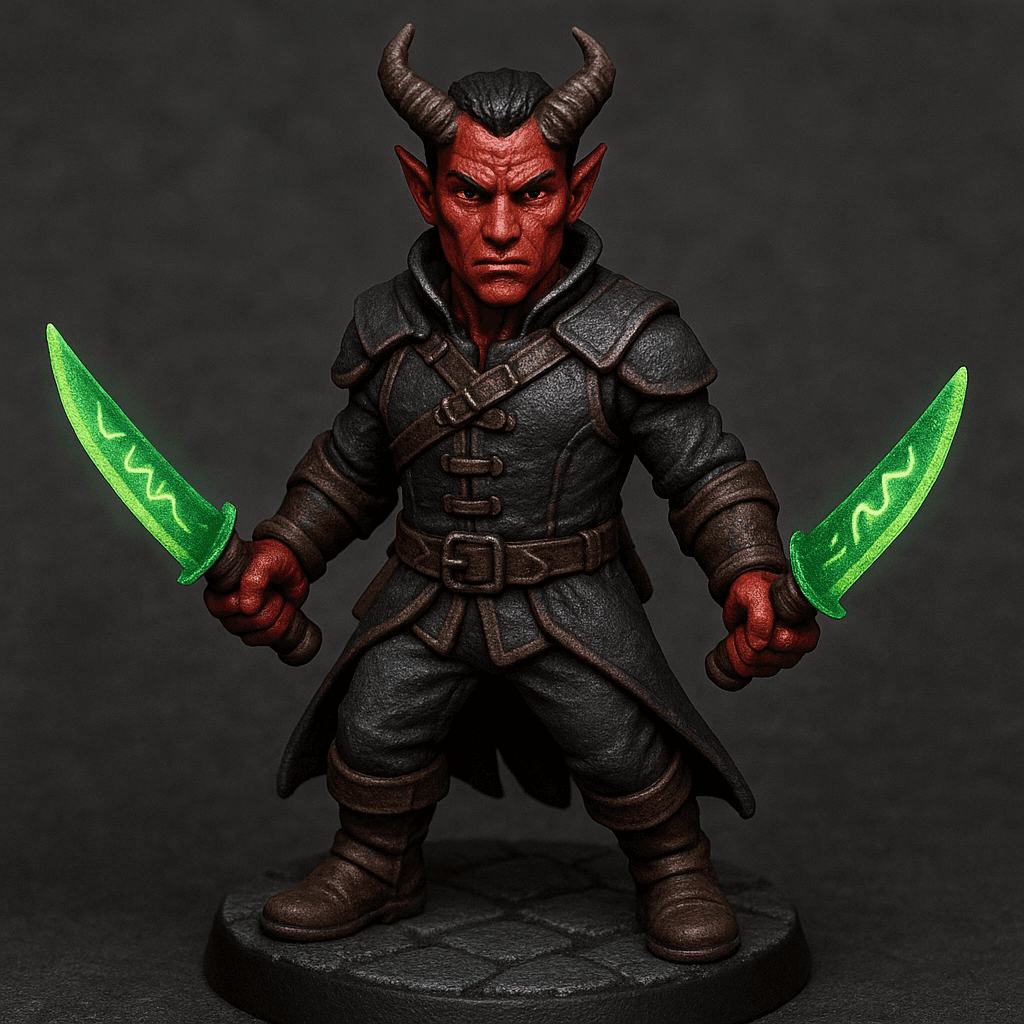Miniature render generated for: A highly detailed tabletop miniature of a male Tiefling Rogue, wearing Leather armor, posed in a neutral stance.
Crafted in 32mm heroic scale hand-painted resin miniature, capturing dramatic storytelling energy.
Headgear: none.
Shoulder · Left: none.
Shoulder · Right: none.
Chest Armor: Leather armor.
Arm · Left: none.
Arm · Right: none.
Weapon · Left Hand: Psychic blades.
Weapon · Right Hand: Psychic blades.
Trinket I: none.
Trinket II: none.
Trinket III: none.
Belt: none.
Belt Accessory · Left: none.
Belt Accessory · Right: none.
Leg Armor · Left: none.
Leg Armor · Right: none.
Stance: neutral.
Style: orthographic lighting, even focus across the sculpt, crisp silhouette definition; edge highlights, glaze transitions, OSL glow on runes, subtle weathering.
Camera: orthographic, centered top-down token view.
Background: dungeon tiles base with atmospheric scenic effects.
Palette: colors 1F2937, 4B5563, BA1111, 63EE10 as accent tones.
Guidance: no logos, no text overlays, no famous named characters; emphasise miniature craftsmanship.
Consistency token: seed 8722906.
3D printing constraints: Maintain 32 mm heroic scale proportions without altering listed materials, colors, or equipment. Anchor the figure securely on a 25 mm round base; allow supports but avoid fragile floating details or knife-edge geometry. Ensure all parts meet or exceed 1.2 mm wall thickness and keep overhangs self-supporting. Deliver a watertight, manifold STL-ready mesh with clean normals; no hollow cavities or disconnected pieces.