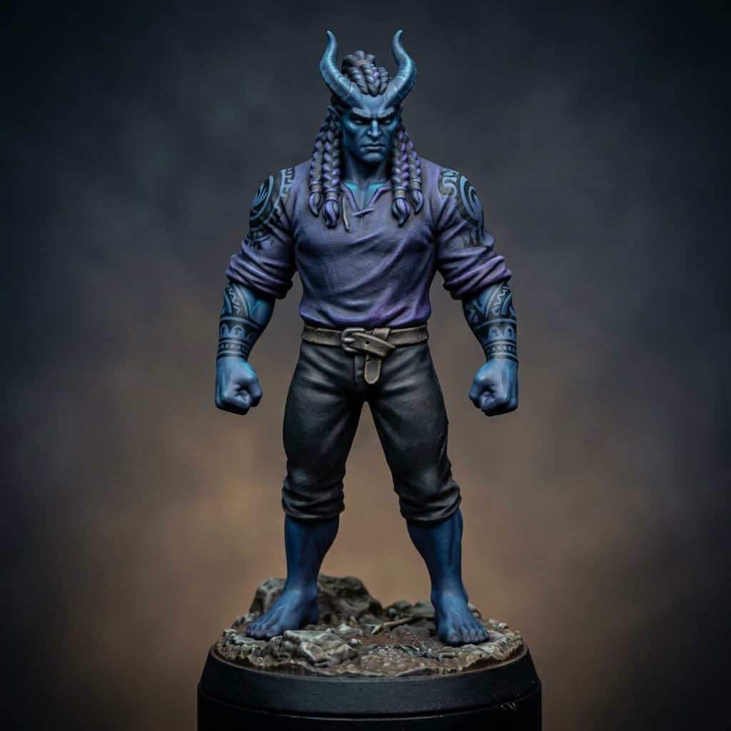 Zephyrion Dark blue tiefling Monk and barbarian