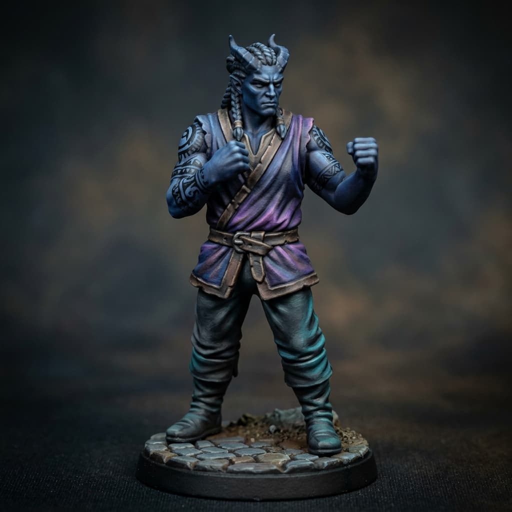 Zephyrion Dark blue tiefling Monk and barbarian