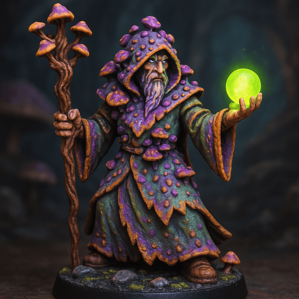 Miniature render generated for: A highly detailed tabletop miniature of a human druid, wearing layered robes with fungal growths, posed casting spell.
Crafted in 32mm heroic scale hand-painted resin miniature, capturing dramatic storytelling energy.
Headgear: spore-covered hood.
Shoulder · Left: none.
Shoulder · Right: none.
Chest Armor: layered robes with fungal growths.
Arm · Left: none.
Arm · Right: none.
Weapon · Left Hand: gnarled wooden staff with mushrooms sprouting on top of it.
Weapon · Right Hand: glowing orb.
Trinket I: none.
Trinket II: none.
Trinket III: none.
Belt: none.
Belt Accessory · Left: none.
Belt Accessory · Right: none.
Leg Armor · Left: none.
Leg Armor · Right: none.
Stance: casting spell.
Style: professional miniature photography, dramatic three-point lighting, shallow depth of field, crisp focus on the model; edge highlights, glaze transitions, OSL glow on runes, subtle weathering.
Camera: hero three-quarter perspective.
Background: damp caverns with mushrooms base with atmospheric scenic effects.
Palette: colors 4ADE80, A855F7, DB6613, 070725 as accent tones.
Guidance: no logos, no text overlays, no famous named characters; emphasise miniature craftsmanship.
Consistency token: seed 5680008.
3D printing constraints: Maintain 32 mm heroic scale proportions without altering listed materials, colors, or equipment. Anchor the figure securely on a 25 mm round base; allow supports but avoid fragile floating details or knife-edge geometry. Ensure all parts meet or exceed 1.2 mm wall thickness and keep overhangs self-supporting. Deliver a watertight, manifold STL-ready mesh with clean normals; no hollow cavities or disconnected pieces.