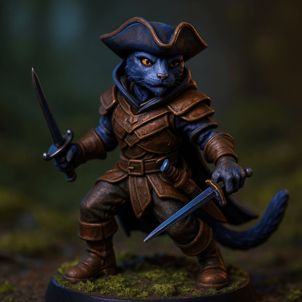 Miniature render generated for: A highly detailed tabletop miniature of a male Tabaxi Swashbuckler Rogue, wearing layered leather armor with hood, posed heroic stance.
Crafted in 32mm heroic scale hand-painted resin miniature, capturing dramatic storytelling energy.
Headgear: Pirate hat.
Shoulder · Left: none.
Shoulder · Right: none.
Chest Armor: layered leather armor with hood.
Arm · Left: none.
Arm · Right: none.
Weapon · Left Hand: Dagger.
Weapon · Right Hand: Rapier.
Trinket I: none.
Trinket II: none.
Trinket III: none.
Belt: none.
Belt Accessory · Left: Dagger.
Belt Accessory · Right: none.
Leg Armor · Left: none.
Leg Armor · Right: none.
Stance: heroic stance.
Style: professional miniature photography, dramatic three-point lighting, shallow depth of field, crisp focus on the model; edge highlights, glaze transitions, OSL glow on runes, subtle weathering.
Camera: hero three-quarter perspective.
Background: mossy forest floor base with atmospheric scenic effects.
Palette: colors 4338CA, A855F7, 22D3EE as accent tones.
Guidance: no logos, no text overlays, no famous named characters; emphasise miniature craftsmanship.
Consistency token: seed 1687372.
3D printing constraints: Maintain 32 mm heroic scale proportions without altering listed materials, colors, or equipment. Anchor the figure securely on a 25 mm round base; allow supports but avoid fragile floating details or knife-edge geometry. Ensure all parts meet or exceed 1.2 mm wall thickness and keep overhangs self-supporting. Deliver a watertight, manifold STL-ready mesh with clean normals; no hollow cavities or disconnected pieces.
