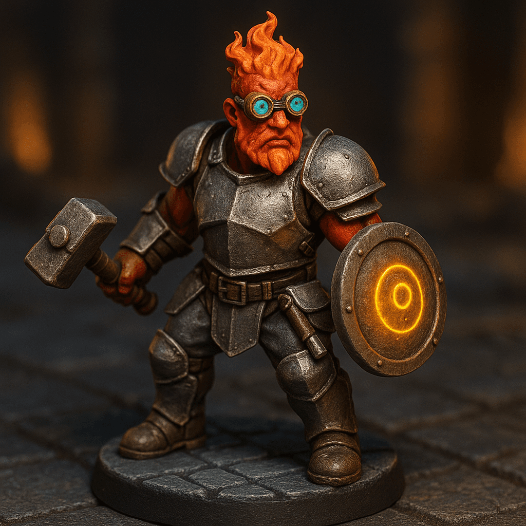 Miniature render generated for: A highly detailed tabletop miniature of a male Fire half giant Armorer artificer, wearing Simple metal armor, posed heroic stance.
Crafted in 32mm heroic scale hand-painted resin miniature, capturing dramatic storytelling energy.
Headgear: Goggles of night.
Shoulder · Left: Simple metal armor.
Shoulder · Right: Simple metal armor.
Chest Armor: Simple metal armor.
Arm · Left: Simple metal armor.
Arm · Right: Simple metal armor.
Weapon · Left Hand: Circular metal shield.
Weapon · Right Hand: War hammer.
Trinket I: none.
Trinket II: none.
Trinket III: none.
Belt: none.
Belt Accessory · Left: none.
Belt Accessory · Right: Flintlock pistol.
Leg Armor · Left: Simple metal armor.
Leg Armor · Right: Simple metal armor.
Stance: heroic stance.
Style: professional miniature photography, dramatic three-point lighting, shallow depth of field, crisp focus on the model; edge highlights, glaze transitions, OSL glow on runes, subtle weathering.
Camera: hero three-quarter perspective.
Background: dungeon tiles base with atmospheric scenic effects.
Palette: colors 95400D, 2C2C2C, FFA600 as accent tones.
Guidance: no logos, no text overlays, no famous named characters; emphasise miniature craftsmanship.
Consistency token: seed 3240751.
3D printing constraints: Maintain 32 mm heroic scale proportions without altering listed materials, colors, or equipment. Anchor the figure securely on a 25 mm round base; allow supports but avoid fragile floating details or knife-edge geometry. Ensure all parts meet or exceed 1.2 mm wall thickness and keep overhangs self-supporting. Deliver a watertight, manifold STL-ready mesh with clean normals; no hollow cavities or disconnected pieces.