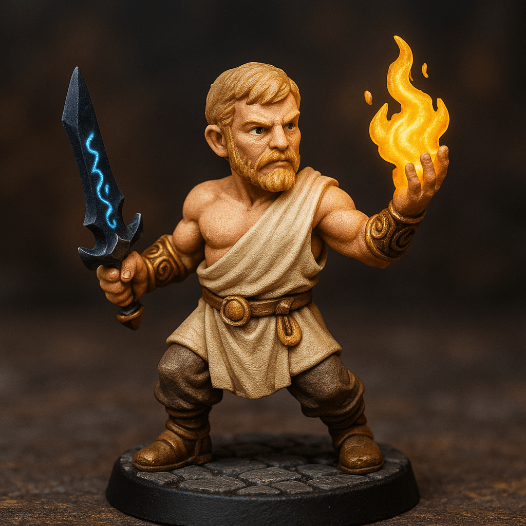 Miniature render generated for: A highly detailed tabletop miniature of a male Halfling Wizard, wearing Greek tunic wrapped around chest and a single shoulder, posed heroic stance.
Crafted in 32mm heroic scale hand-painted resin miniature, capturing dramatic storytelling energy.
Headgear: Short Blonde hair with a medium blonde beard.
Shoulder · Left: none.
Shoulder · Right: none.
Chest Armor: Greek tunic wrapped around chest and a single shoulder.
Arm · Left: Gold metal filigree running down the arm like bracers.
Arm · Right: Gold metal filigree running down the arm like bracers.
Weapon · Left Hand: Golden magic.
Weapon · Right Hand: Shadow blade.
Trinket I: none.
Trinket II: none.
Trinket III: none.
Belt: Cloth tunic wrapping.
Belt Accessory · Left: Circular gold pendant.
Belt Accessory · Right: none.
Leg Armor · Left: Loose pants with a Greek cothurnus shoe.
Leg Armor · Right: Loose pants with a Greek cothurnus shoe.
Stance: heroic stance.
Style: professional miniature photography, dramatic three-point lighting, shallow depth of field, crisp focus on the model; edge highlights, glaze transitions, OSL glow on runes, subtle weathering.
Camera: hero three-quarter perspective.
Background: cobblestone base with atmospheric scenic effects.
Palette: colors FFE573, CBCCBB, 4E3A0F as accent tones.
Guidance: no logos, no text overlays, no famous named characters; emphasise miniature craftsmanship.
Consistency token: seed 7835747.
3D printing constraints: Maintain 32 mm heroic scale proportions without altering listed materials, colors, or equipment. Anchor the figure securely on a 25 mm round base; allow supports but avoid fragile floating details or knife-edge geometry. Ensure all parts meet or exceed 1.2 mm wall thickness and keep overhangs self-supporting. Deliver a watertight, manifold STL-ready mesh with clean normals; no hollow cavities or disconnected pieces.