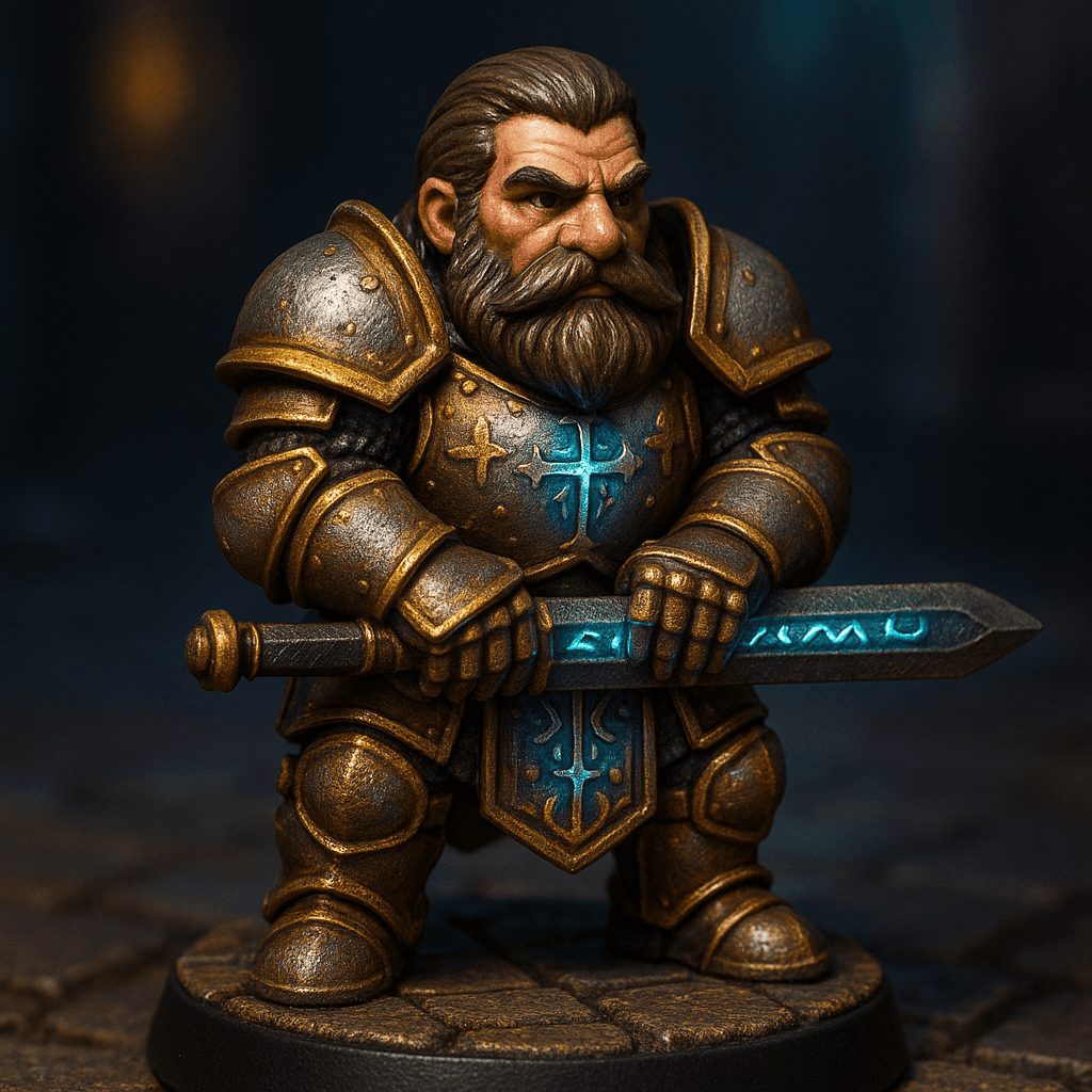 Miniature render generated for: A highly detailed tabletop miniature of a male Mountain Dwarf Paladin, wearing Full plate armor with holy engravings., posed standing guard holding his sword with both hands.
Crafted in 32mm heroic scale hand-painted resin miniature, capturing dramatic storytelling energy.
Headgear: Dwarf with dark brown.
Shoulder · Left: none.
Shoulder · Right: none.
Chest Armor: Full plate armor with holy engravings..
Arm · Left: none.
Arm · Right: none.
Weapon · Left Hand: two-handed greatsword.
Weapon · Right Hand: two-handed greatsword.
Trinket I: none.
Trinket II: none.
Trinket III: none.
Belt: none.
Belt Accessory · Left: none.
Belt Accessory · Right: none.
Leg Armor · Left: none.
Leg Armor · Right: none.
Stance: standing guard holding his sword with both hands.
Style: professional miniature photography, dramatic three-point lighting, shallow depth of field, crisp focus on the model; edge highlights, glaze transitions, OSL glow on runes, subtle weathering.
Camera: hero three-quarter perspective.
Background: dungeon tiles base with atmospheric scenic effects.
Palette: colors 622000, 430E01, 00003A as accent tones.
Guidance: no logos, no text overlays, no famous named characters; emphasise miniature craftsmanship.
Consistency token: seed 3698375.
3D printing constraints: Maintain 32 mm heroic scale proportions without altering listed materials, colors, or equipment. Anchor the figure securely on a 25 mm round base; allow supports but avoid fragile floating details or knife-edge geometry. Ensure all parts meet or exceed 1.2 mm wall thickness and keep overhangs self-supporting. Deliver a watertight, manifold STL-ready mesh with clean normals; no hollow cavities or disconnected pieces.