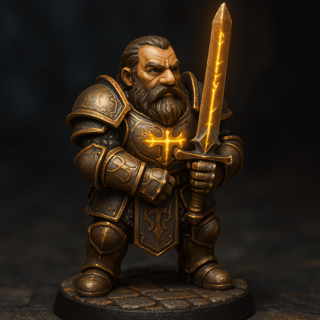 Miniature render generated for: A highly detailed tabletop miniature of a male Mountain Dwarf Paladin, wearing Full plate armor with holy engravings., posed standing guard holding his sword with both hands.
Crafted in 32mm heroic scale hand-painted resin miniature, capturing dramatic storytelling energy.
Headgear: Dwarf with dark brown.
Shoulder · Left: none.
Shoulder · Right: none.
Chest Armor: Full plate armor with holy engravings..
Arm · Left: none.
Arm · Right: none.
Weapon · Left Hand: two-handed greatsword.
Weapon · Right Hand: no weapon in the right hand.
Trinket I: none.
Trinket II: none.
Trinket III: none.
Belt: none.
Belt Accessory · Left: none.
Belt Accessory · Right: none.
Leg Armor · Left: none.
Leg Armor · Right: none.
Stance: standing guard holding his sword with both hands.
Style: professional miniature photography, dramatic three-point lighting, shallow depth of field, crisp focus on the model; edge highlights, glaze transitions, OSL glow on runes, subtle weathering.
Camera: hero three-quarter perspective.
Background: dungeon tiles base with atmospheric scenic effects.
Palette: colors 622000, 430E01, 00003A as accent tones.
Guidance: no logos, no text overlays, no famous named characters; emphasise miniature craftsmanship.
Consistency token: seed 3698375.
3D printing constraints: Maintain 32 mm heroic scale proportions without altering listed materials, colors, or equipment. Anchor the figure securely on a 25 mm round base; allow supports but avoid fragile floating details or knife-edge geometry. Ensure all parts meet or exceed 1.2 mm wall thickness and keep overhangs self-supporting. Deliver a watertight, manifold STL-ready mesh with clean normals; no hollow cavities or disconnected pieces.