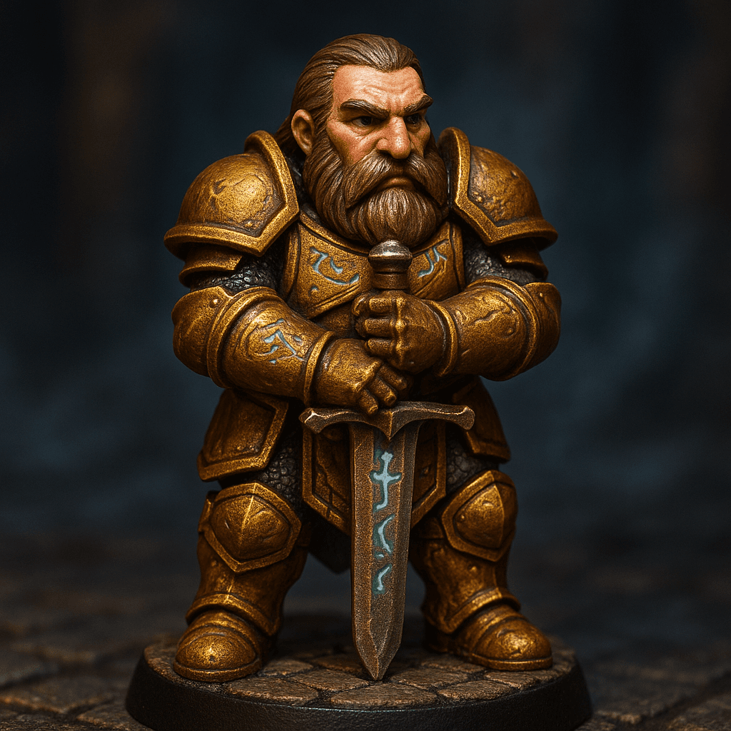 Miniature render generated for: A highly detailed tabletop miniature of a male Mountain Dwarf Paladin, wearing Full plate armor with holy engravings., posed standing guard holding his sword with both hands.
Crafted in 32mm heroic scale hand-painted resin miniature, capturing dramatic storytelling energy.
Headgear: Dwarf with dark brown.
Shoulder · Left: none.
Shoulder · Right: none.
Chest Armor: Full plate armor with holy engravings..
Arm · Left: none.
Arm · Right: none.
Weapon · Left Hand: two-handed greatsword.
Weapon · Right Hand: two-handed greatsword.
Trinket I: none.
Trinket II: none.
Trinket III: none.
Belt: none.
Belt Accessory · Left: none.
Belt Accessory · Right: none.
Leg Armor · Left: none.
Leg Armor · Right: none.
Stance: standing guard holding his sword with both hands.
Style: professional miniature photography, dramatic three-point lighting, shallow depth of field, crisp focus on the model; edge highlights, glaze transitions, OSL glow on runes, subtle weathering.
Camera: hero three-quarter perspective.
Background: dungeon tiles base with atmospheric scenic effects.
Palette: colors 622000, 430E01, 00003A as accent tones.
Guidance: no logos, no text overlays, no famous named characters; emphasise miniature craftsmanship.
Consistency token: seed 3698375.
3D printing constraints: Maintain 32 mm heroic scale proportions without altering listed materials, colors, or equipment. Anchor the figure securely on a 25 mm round base; allow supports but avoid fragile floating details or knife-edge geometry. Ensure all parts meet or exceed 1.2 mm wall thickness and keep overhangs self-supporting. Deliver a watertight, manifold STL-ready mesh with clean normals; no hollow cavities or disconnected pieces.