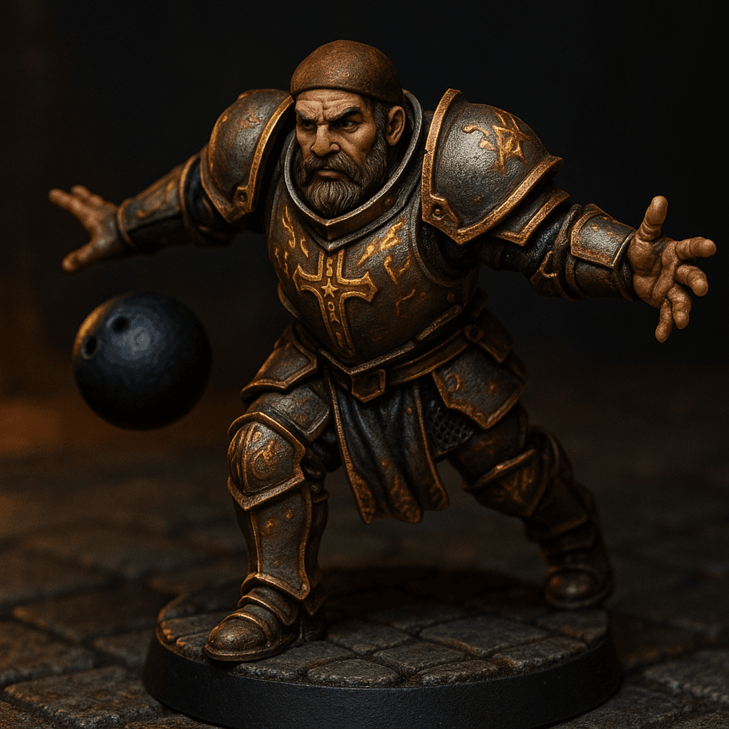 Miniature render generated for: A highly detailed tabletop miniature of a male 8-armed human Paladin, wearing Full plate armor with holy engravings., posed bowling.
Crafted in 32mm heroic scale hand-painted resin miniature, capturing dramatic storytelling energy.
Headgear: Dwarf with dark brown.
Shoulder · Left: none.
Shoulder · Right: none.
Chest Armor: Full plate armor with holy engravings..
Arm · Left: none.
Arm · Right: none.
Weapon · Left Hand: bowling ball.
Weapon · Right Hand: no weapon in the right hand.
Trinket I: none.
Trinket II: none.
Trinket III: none.
Belt: none.
Belt Accessory · Left: none.
Belt Accessory · Right: none.
Leg Armor · Left: none.
Leg Armor · Right: none.
Stance: bowling.
Style: professional miniature photography, dramatic three-point lighting, shallow depth of field, crisp focus on the model; edge highlights, glaze transitions, OSL glow on runes, subtle weathering.
Camera: hero three-quarter perspective.
Background: dungeon tiles base with atmospheric scenic effects.
Palette: colors 622000, 430E01, 00003A as accent tones.
Guidance: no logos, no text overlays, no famous named characters; emphasise miniature craftsmanship.
Consistency token: seed 3698375.
3D printing constraints: Maintain 32 mm heroic scale proportions without altering listed materials, colors, or equipment. Anchor the figure securely on a 25 mm round base; allow supports but avoid fragile floating details or knife-edge geometry. Ensure all parts meet or exceed 1.2 mm wall thickness and keep overhangs self-supporting. Deliver a watertight, manifold STL-ready mesh with clean normals; no hollow cavities or disconnected pieces.