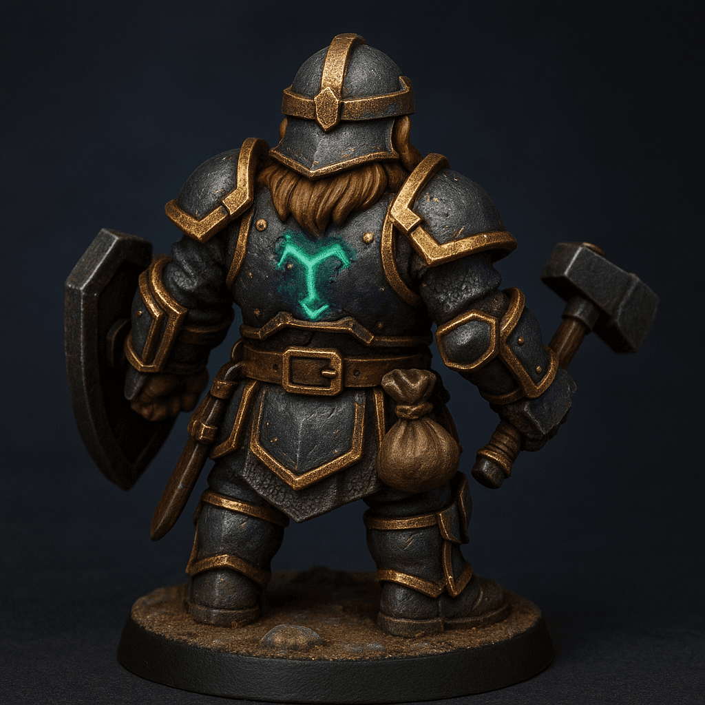 Miniature render generated for: A highly detailed tabletop miniature of a male Dwarf Warlock, wearing Heavy smithing chest plate with golden trim and markings, posed facing backwards, wearing hammer.
Crafted in 32mm heroic scale hand-painted resin miniature, capturing dramatic storytelling energy.
Headgear: Smithing helm with gold trims.
Shoulder · Left: Smithing shoulder plate with golden trim.
Shoulder · Right: Smithing shoulder plate with golden trim.
Chest Armor: Heavy smithing chest plate with golden trim and markings.
Arm · Left: Smithing armor with golden trim.
Arm · Right: Smithing Armor with golden trim.
Weapon · Left Hand: One handed axe.
Weapon · Right Hand: Shield.
Trinket I: Sword.
Trinket II: Sack.
Trinket III: none.
Belt: Leather belt.
Belt Accessory · Left: none.
Belt Accessory · Right: none.
Leg Armor · Left: Leg smithing Armor with golden trim.
Leg Armor · Right: Leg smithing Armor with golden trim.
Stance: facing backwards, wearing hammer.
Style: professional miniature photography, dramatic three-point lighting, shallow depth of field, crisp focus on the model; edge highlights, glaze transitions, OSL glow on runes, subtle weathering.
Camera: back angle view.
Background: plain stone base with atmospheric scenic effects.
Palette: colors 1F2937, 4B5563, 10B981 as accent tones.
Guidance: no logos, no text overlays, no famous named characters; emphasise miniature craftsmanship.
Consistency token: seed 5355317.
3D printing constraints: Maintain 32 mm heroic scale proportions without altering listed materials, colors, or equipment. Anchor the figure securely on a 25 mm round base; allow supports but avoid fragile floating details or knife-edge geometry. Ensure all parts meet or exceed 1.2 mm wall thickness and keep overhangs self-supporting. Deliver a watertight, manifold STL-ready mesh with clean normals; no hollow cavities or disconnected pieces.