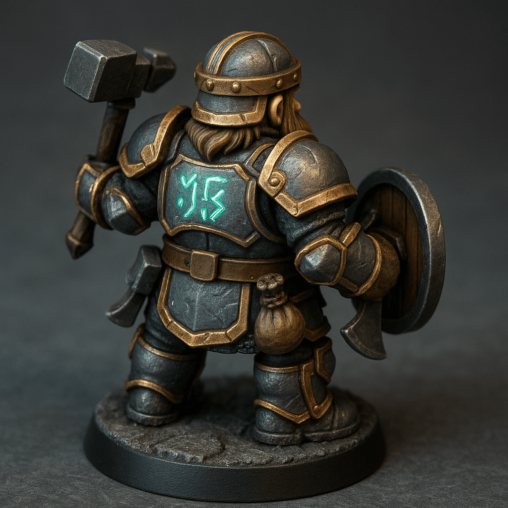 Miniature render generated for: A highly detailed tabletop miniature of a male Dwarf Warlock, wearing Heavy smithing chest plate with golden trim and markings, posed facing backwards, wearing hammer.
Crafted in 32mm heroic scale hand-painted resin miniature, capturing dramatic storytelling energy.
Headgear: Smithing helm with gold trims.
Shoulder · Left: Smithing shoulder plate with golden trim.
Shoulder · Right: Smithing shoulder plate with golden trim.
Chest Armor: Heavy smithing chest plate with golden trim and markings.
Arm · Left: Smithing armor with golden trim.
Arm · Right: Smithing Armor with golden trim.
Weapon · Left Hand: One handed axe.
Weapon · Right Hand: Shield.
Trinket I: Sword.
Trinket II: Sack.
Trinket III: none.
Belt: Leather belt.
Belt Accessory · Left: none.
Belt Accessory · Right: none.
Leg Armor · Left: Leg smithing Armor with golden trim.
Leg Armor · Right: Leg smithing Armor with golden trim.
Stance: facing backwards, wearing hammer.
Style: professional miniature photography, dramatic three-point lighting, shallow depth of field, crisp focus on the model; edge highlights, glaze transitions, OSL glow on runes, subtle weathering.
Camera: hero three-quarter perspective.
Background: plain stone base with atmospheric scenic effects.
Palette: colors 1F2937, 4B5563, 10B981 as accent tones.
Guidance: no logos, no text overlays, no famous named characters; emphasise miniature craftsmanship.
Consistency token: seed 5355317.
3D printing constraints: Maintain 32 mm heroic scale proportions without altering listed materials, colors, or equipment. Anchor the figure securely on a 25 mm round base; allow supports but avoid fragile floating details or knife-edge geometry. Ensure all parts meet or exceed 1.2 mm wall thickness and keep overhangs self-supporting. Deliver a watertight, manifold STL-ready mesh with clean normals; no hollow cavities or disconnected pieces.