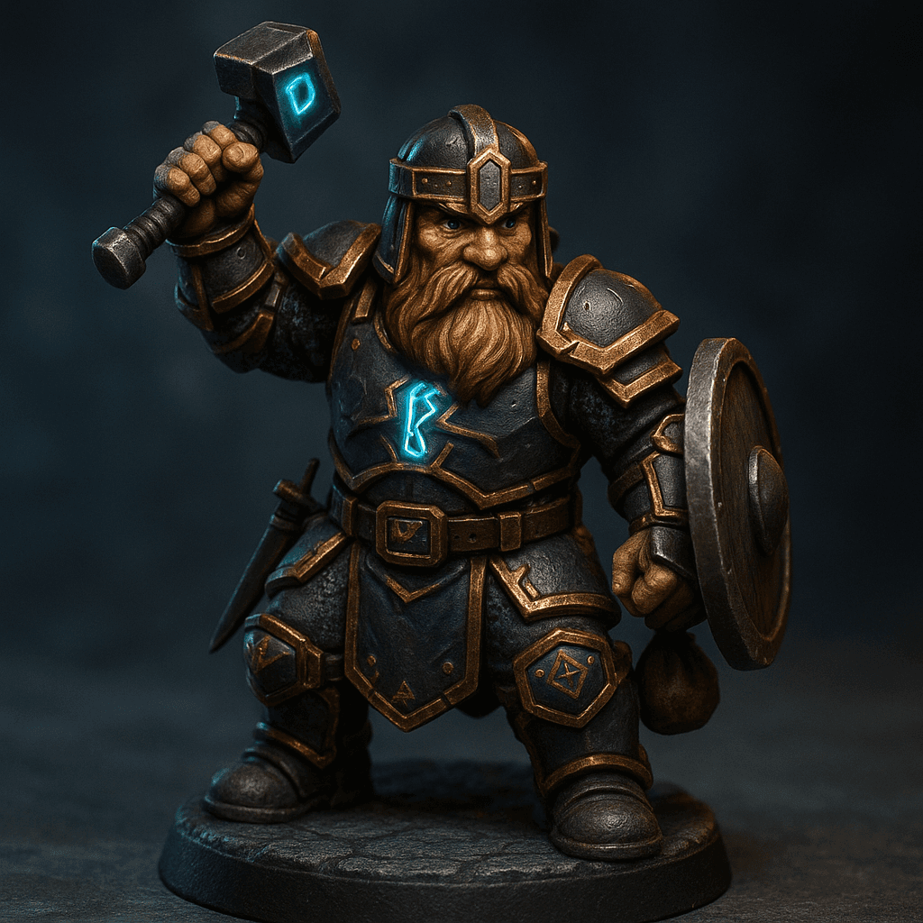 Miniature render generated for: A highly detailed tabletop miniature of a male Dwarf Warlock, wearing Heavy smithing chest plate with golden trim and markings, posed raising hammer.
Crafted in 32mm heroic scale hand-painted resin miniature, capturing dramatic storytelling energy.
Headgear: Smithing helm with gold trims.
Shoulder · Left: Smithing shoulder plate with golden trim.
Shoulder · Right: Smithing shoulder plate with golden trim.
Chest Armor: Heavy smithing chest plate with golden trim and markings.
Arm · Left: Smithing armor with golden trim.
Arm · Right: Smithing Armor with golden trim.
Weapon · Left Hand: One handed axe.
Weapon · Right Hand: Shield.
Trinket I: Sword.
Trinket II: Sack.
Trinket III: none.
Belt: Leather belt.
Belt Accessory · Left: none.
Belt Accessory · Right: none.
Leg Armor · Left: Leg smithing Armor with golden trim.
Leg Armor · Right: Leg smithing Armor with golden trim.
Stance: raising hammer.
Style: professional miniature photography, dramatic three-point lighting, shallow depth of field, crisp focus on the model; edge highlights, glaze transitions, OSL glow on runes, subtle weathering.
Camera: hero three-quarter perspective.
Background: plain stone base with atmospheric scenic effects.
Palette: colors 1F2937, 4B5563, 10B981 as accent tones.
Guidance: no logos, no text overlays, no famous named characters; emphasise miniature craftsmanship.
Consistency token: seed 5355317.
3D printing constraints: Maintain 32 mm heroic scale proportions without altering listed materials, colors, or equipment. Anchor the figure securely on a 25 mm round base; allow supports but avoid fragile floating details or knife-edge geometry. Ensure all parts meet or exceed 1.2 mm wall thickness and keep overhangs self-supporting. Deliver a watertight, manifold STL-ready mesh with clean normals; no hollow cavities or disconnected pieces.