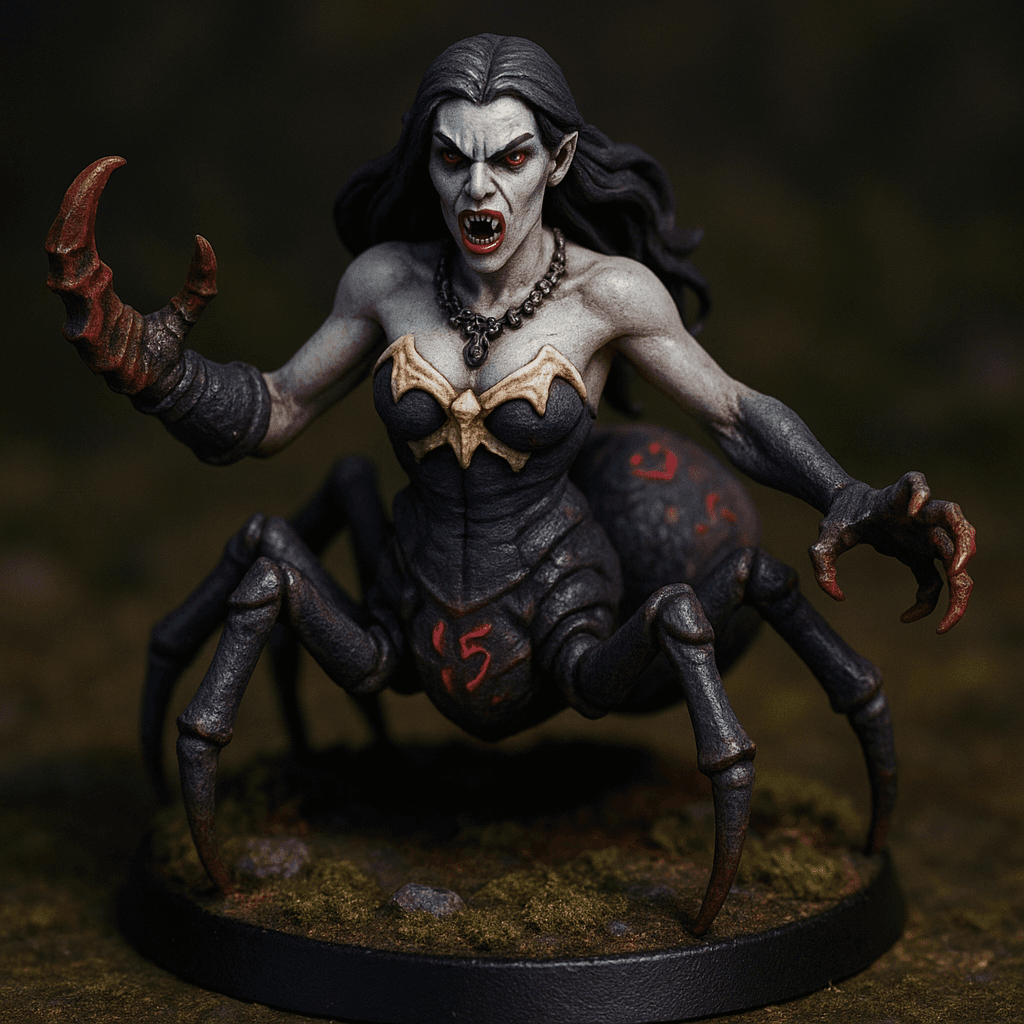 Miniature render generated for: A highly detailed tabletop miniature of a female giant spider woman vampire, wearing a chest piece made of bone, posed menacing.
Crafted in 32mm heroic scale hand-painted resin miniature, capturing dramatic storytelling energy.
Headgear: none.
Shoulder · Left: none.
Shoulder · Right: none.
Chest Armor: a chest piece made of bone.
Arm · Left: a leather glove.
Arm · Right: none.
Weapon · Left Hand: a rusted claw.
Weapon · Right Hand: no weapon in the right hand.
Trinket I: necklace made of spidersilk.
Trinket II: none.
Trinket III: none.
Belt: none.
Belt Accessory · Left: none.
Belt Accessory · Right: none.
Leg Armor · Left: none.
Leg Armor · Right: none.
Stance: menacing.
Style: professional miniature photography, dramatic three-point lighting, shallow depth of field, crisp focus on the model; edge highlights, glaze transitions, OSL glow on runes, subtle weathering.
Camera: hero three-quarter perspective.
Background: mossy forest floor base with atmospheric scenic effects.
Palette: colors 0B080D, 322540, 64748B, FF0000, FF9EC3 as accent tones.
Guidance: no logos, no text overlays, no famous named characters; emphasise miniature craftsmanship.
Consistency token: seed 9071324.
3D printing constraints: Maintain 32 mm heroic scale proportions without altering listed materials, colors, or equipment. Anchor the figure securely on a 25 mm round base; allow supports but avoid fragile floating details or knife-edge geometry. Ensure all parts meet or exceed 1.2 mm wall thickness and keep overhangs self-supporting. Deliver a watertight, manifold STL-ready mesh with clean normals; no hollow cavities or disconnected pieces.