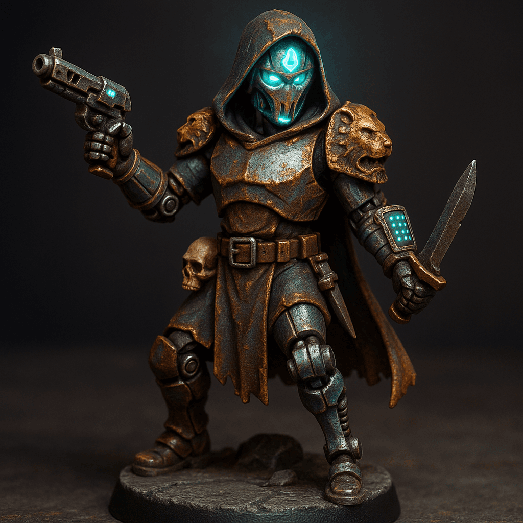 Miniature render generated for: A highly detailed tabletop miniature of a non-binary Android Wizard, wearing Reinforced metal chest plate, rusted, hooded tunic, posed heroic stance.
Crafted in 32mm heroic scale hand-painted resin miniature, capturing dramatic storytelling energy.
Headgear: An ancient helmet from a space warrior, glowing with magic.
Shoulder · Left: A lions head.
Shoulder · Right: none.
Chest Armor: Reinforced metal chest plate, rusted, hooded tunic.
Arm · Left: A gauntlet with a computer screen and keyboard.
Arm · Right: none.
Weapon · Left Hand: Laser pistol.
Weapon · Right Hand: Knife.
Trinket I: Human skull.
Trinket II: none.
Trinket III: none.
Belt: Tool belt.
Belt Accessory · Left: none.
Belt Accessory · Right: Wrench.
Leg Armor · Left: none.
Leg Armor · Right: Has been replaced with a leg from a different robot.
Stance: heroic stance.
Style: professional miniature photography, dramatic three-point lighting, shallow depth of field, crisp focus on the model; edge highlights, glaze transitions, OSL glow on runes, subtle weathering.
Camera: hero three-quarter perspective.
Background: plain stone base with atmospheric scenic effects.
Palette: colors B4B3C4, 183332, 73B0BA, FC7345, D0B310 as accent tones.
Guidance: no logos, no text overlays, no famous named characters; emphasise miniature craftsmanship.
Consistency token: seed 1020464.
3D printing constraints: Maintain 32 mm heroic scale proportions without altering listed materials, colors, or equipment. Anchor the figure securely on a 25 mm round base; allow supports but avoid fragile floating details or knife-edge geometry. Ensure all parts meet or exceed 1.2 mm wall thickness and keep overhangs self-supporting. Deliver a watertight, manifold STL-ready mesh with clean normals; no hollow cavities or disconnected pieces.