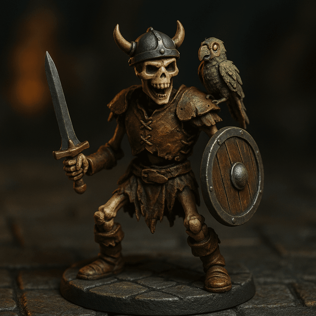 Miniature render generated for: A highly detailed tabletop miniature of a skeleton fighter, wearing old tattered leather armor, posed heroic stance.
Crafted in 32mm heroic scale hand-painted resin miniature, capturing dramatic storytelling energy.
Headgear: A viking helmet.
Shoulder · Left: A zombie parrot.
Shoulder · Right: none.
Chest Armor: old tattered leather armor.
Arm · Left: none.
Arm · Right: none.
Weapon · Left Hand: shortsword.
Weapon · Right Hand: shield.
Trinket I: none.
Trinket II: none.
Trinket III: none.
Belt: none.
Belt Accessory · Left: none.
Belt Accessory · Right: none.
Leg Armor · Left: none.
Leg Armor · Right: none.
Stance: heroic stance.
Style: professional miniature photography, dramatic three-point lighting, shallow depth of field, crisp focus on the model; edge highlights, glaze transitions, OSL glow on runes, subtle weathering.
Camera: hero three-quarter perspective.
Background: dungeon tiles base with atmospheric scenic effects.
Palette: colors 4B4A57, 622828, BFAE8C as accent tones.
Guidance: no logos, no text overlays, no famous named characters; emphasise miniature craftsmanship.
Consistency token: seed 224286.