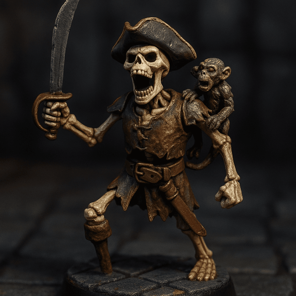Miniature render generated for: A highly detailed tabletop miniature of a skeleton fighter, wearing old tattered leather armor, posed Yelling.
Crafted in 32mm heroic scale hand-painted resin miniature, capturing dramatic storytelling energy.
Headgear: A pirate hat.
Shoulder · Left: none.
Shoulder · Right: A zombie monkey.
Chest Armor: old tattered leather armor.
Arm · Left: none.
Arm · Right: none.
Weapon · Left Hand: Cutlass.
Weapon · Right Hand: no weapon in the right hand.
Trinket I: none.
Trinket II: none.
Trinket III: none.
Belt: Leather belt.
Belt Accessory · Left: Sword sheath.
Belt Accessory · Right: none.
Leg Armor · Left: none.
Leg Armor · Right: Peg leg.
Stance: Yelling.
Style: professional miniature photography, dramatic three-point lighting, shallow depth of field, crisp focus on the model; edge highlights, glaze transitions, OSL glow on runes, subtle weathering.
Camera: hero three-quarter perspective.
Background: dungeon tiles base with atmospheric scenic effects.
Palette: colors 4B4A57, 622828, BFAE8C, FF0000 as accent tones.
Guidance: no logos, no text overlays, no famous named characters; emphasise miniature craftsmanship.
Consistency token: seed 2246.