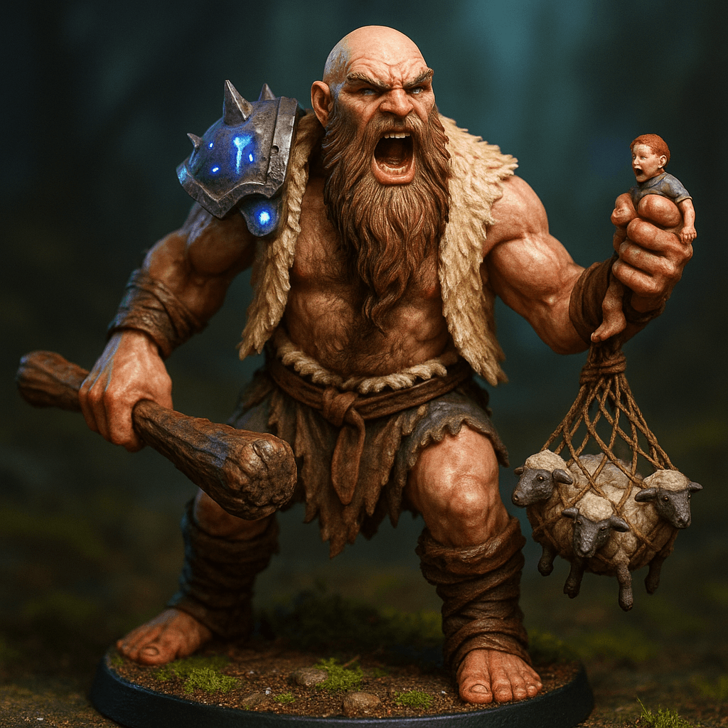 Miniature render generated for: A highly detailed tabletop miniature of a male Giant Warrior, wearing Hairy chest, shoddy open vest made from sheepskin, posed Aggressive and roaring.
Crafted in 32mm heroic scale hand-painted resin miniature, capturing dramatic storytelling energy.
Headgear: Bald, beard that runs down to waist.
Shoulder · Left: Spiked steel pauldron.
Shoulder · Right: none.
Chest Armor: Hairy chest, shoddy open vest made from sheepskin.
Arm · Left: none.
Arm · Right: none.
Weapon · Left Hand: Club.
Weapon · Right Hand: A tiny man.
Trinket I: Three sheep caught in a net.
Trinket II: none.
Trinket III: none.
Belt: Simple loincloth.
Belt Accessory · Left: none.
Belt Accessory · Right: none.
Leg Armor · Left: Leather greaves.
Leg Armor · Right: Leather greaves.
Stance: Aggressive and roaring.
Style: professional miniature photography, dramatic three-point lighting, shallow depth of field, crisp focus on the model; edge highlights, glaze transitions, OSL glow on runes, subtle weathering.
Camera: hero three-quarter perspective.
Background: mossy forest floor base with atmospheric scenic effects.
Palette: colors 4338CA, A855F7, 22D3EE as accent tones.
Guidance: no logos, no text overlays, no famous named characters; emphasise miniature craftsmanship.
Consistency token: seed 1.
3D printing constraints: Maintain 32 mm heroic scale proportions without altering listed materials, colors, or equipment. Anchor the figure securely on a 25 mm round base; allow supports but avoid fragile floating details or knife-edge geometry. Ensure all parts meet or exceed 1.2 mm wall thickness and keep overhangs self-supporting. Deliver a watertight, manifold STL-ready mesh with clean normals; no hollow cavities or disconnected pieces.