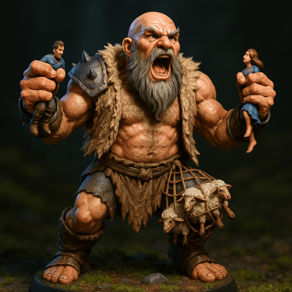 Miniature render generated for: A highly detailed tabletop miniature of a male Giant Warrior, wearing Hairy chest, shoddy open vest made from sheepskin, posed Aggressive and roaring.
Crafted in 32mm heroic scale hand-painted resin miniature, capturing dramatic storytelling energy.
Headgear: Bald, beard that runs down to waist.
Shoulder · Left: Spiked steel pauldron.
Shoulder · Right: none.
Chest Armor: Hairy chest, shoddy open vest made from sheepskin.
Arm · Left: none.
Arm · Right: none.
Weapon · Left Hand: A tiny woman.
Weapon · Right Hand: A tiny man.
Trinket I: none.
Trinket II: none.
Trinket III: none.
Belt: Simple loincloth.
Belt Accessory · Left: none.
Belt Accessory · Right: Three sheep caught in a net.
Leg Armor · Left: Leather greaves.
Leg Armor · Right: Leather greaves.
Stance: Aggressive and roaring.
Style: professional miniature photography, dramatic three-point lighting, shallow depth of field, crisp focus on the model; edge highlights, glaze transitions, OSL glow on runes, subtle weathering.
Camera: hero three-quarter perspective.
Background: mossy forest floor base with atmospheric scenic effects.
Palette: colors 4338CA, A855F7, 22D3EE as accent tones.
Guidance: no logos, no text overlays, no famous named characters; emphasise miniature craftsmanship.
Consistency token: seed 1.
3D printing constraints: Maintain 32 mm heroic scale proportions without altering listed materials, colors, or equipment. Anchor the figure securely on a 25 mm round base; allow supports but avoid fragile floating details or knife-edge geometry. Ensure all parts meet or exceed 1.2 mm wall thickness and keep overhangs self-supporting. Deliver a watertight, manifold STL-ready mesh with clean normals; no hollow cavities or disconnected pieces.