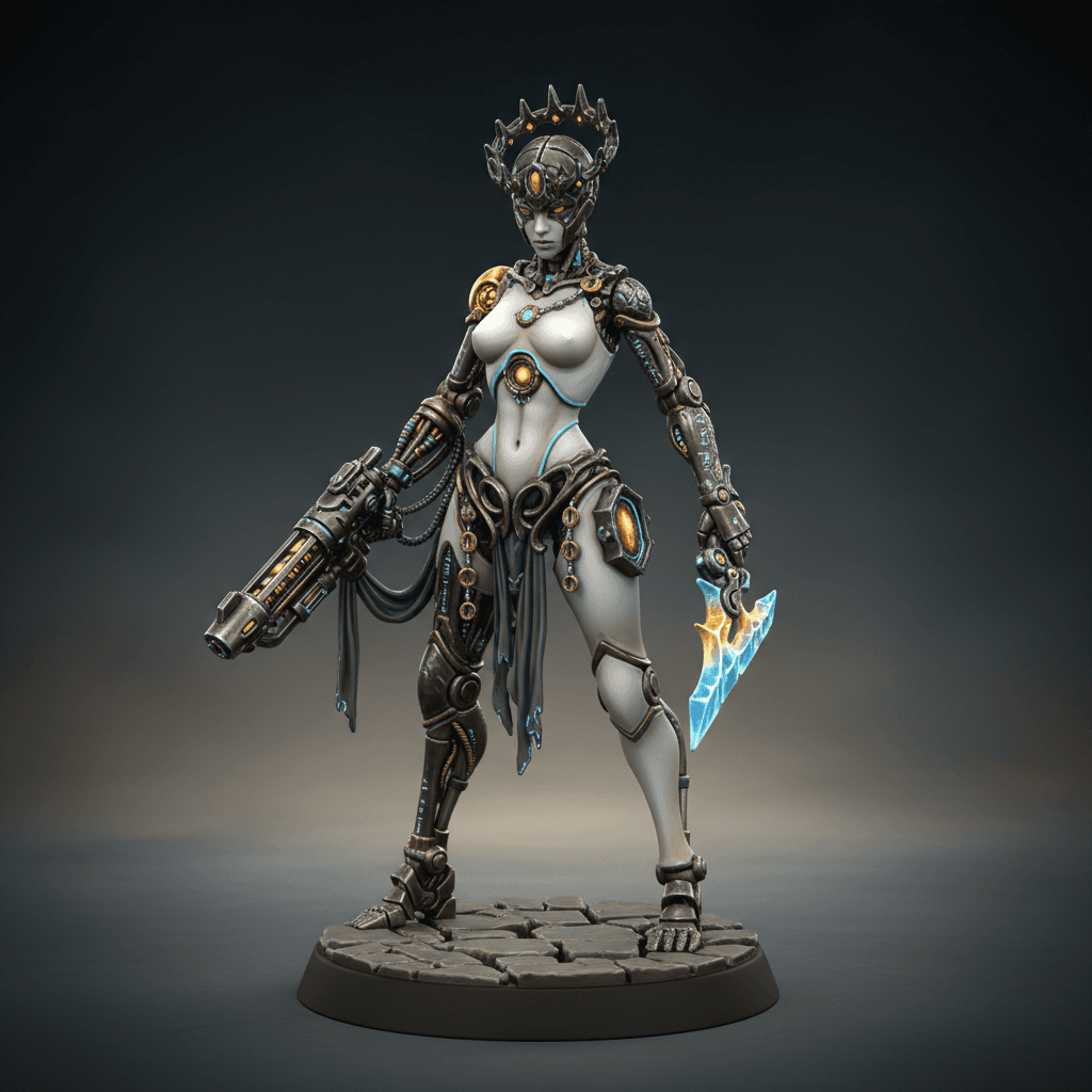 AURIX-9, the Gilded Reliquary warforged (antique pleasure-construct, pre-Collapse design) bard (college of fleshcraft / forgotten bio-mechanical art)