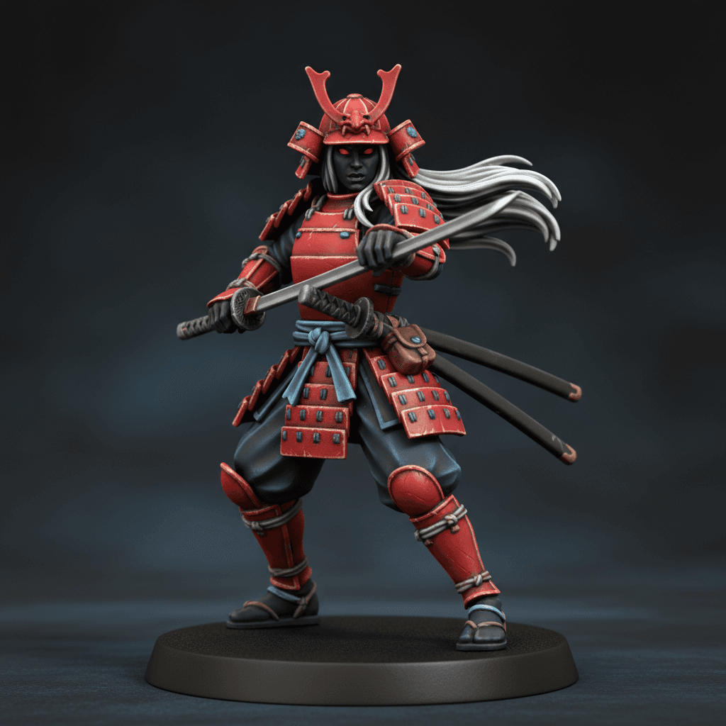Kaneda Nanami Dark Elf jet black skin solid red eyes long silver hair samurai