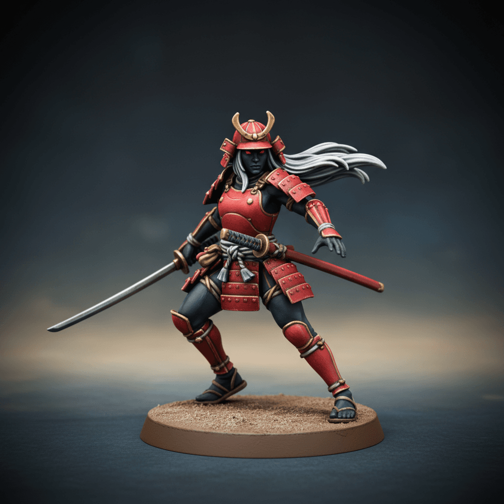 Kaneda Nanami Dark Elf jet black skin solid red eyes long silver hair samurai