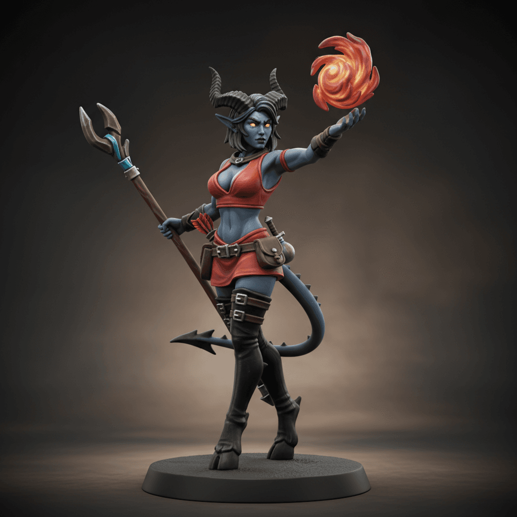 Lucilla du Monteforte tall slender Dark Blue Tiefling cloven hooves barbed tail Sorcerer