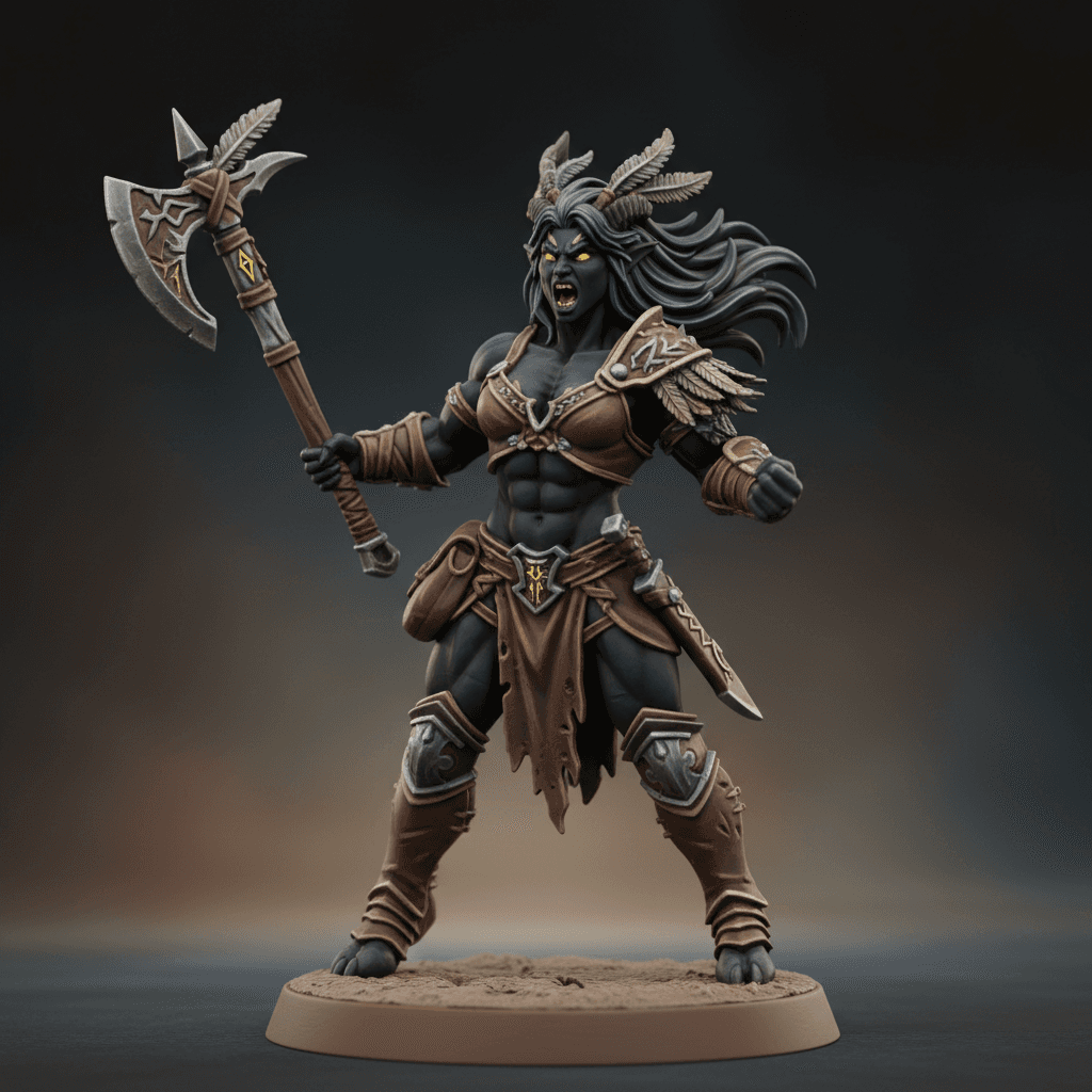 Meridia Ironhoof 2.0 Tiefling jet black skin Dark blue hair muscular build Barbarian