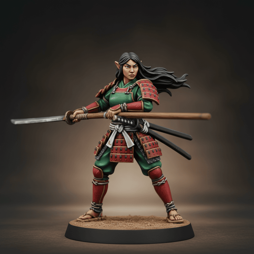 Taira Elf Asian facial features long black hair tan skin petite samurai