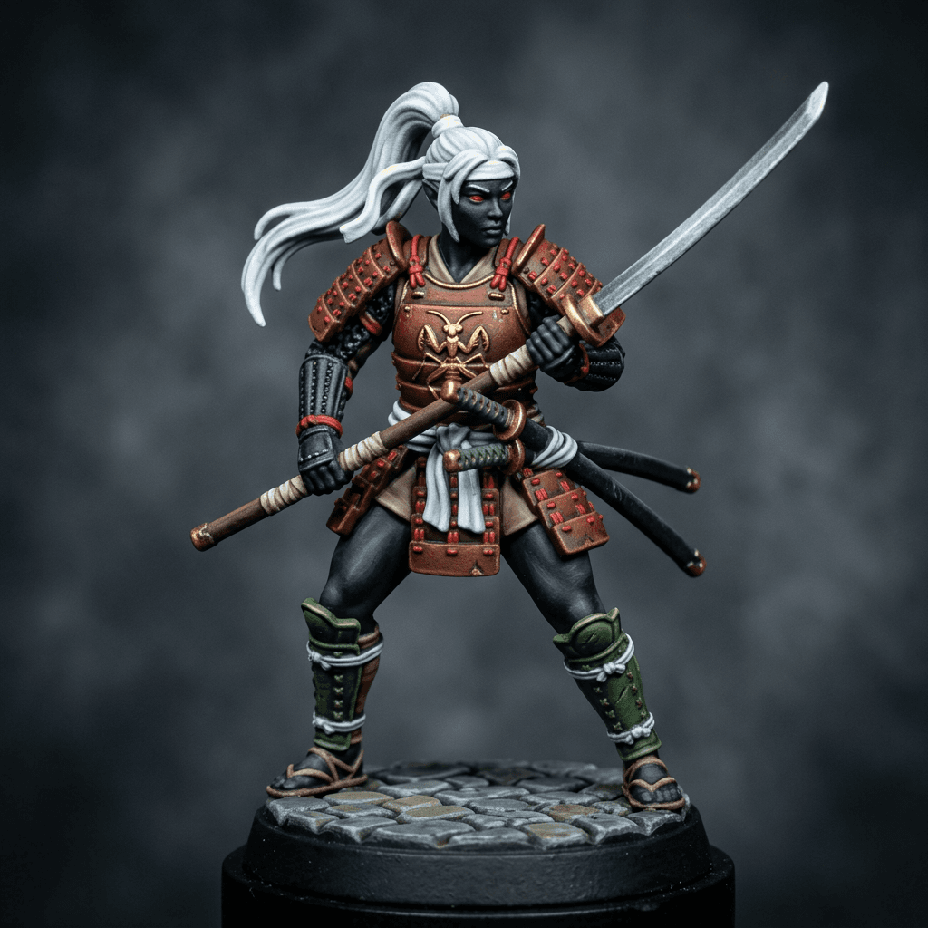 Kaneda Nanami 3.0 Drow Asian facial features jet black skin solid red eyes samurai