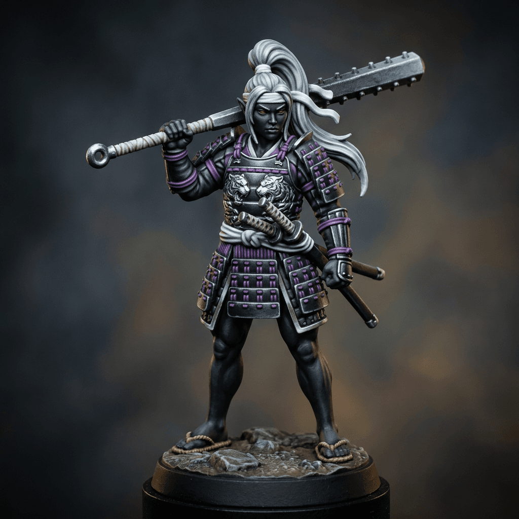 Miyamoto Ren 2.0 Drow Asian facial features jet black skin solid red eyes samurai