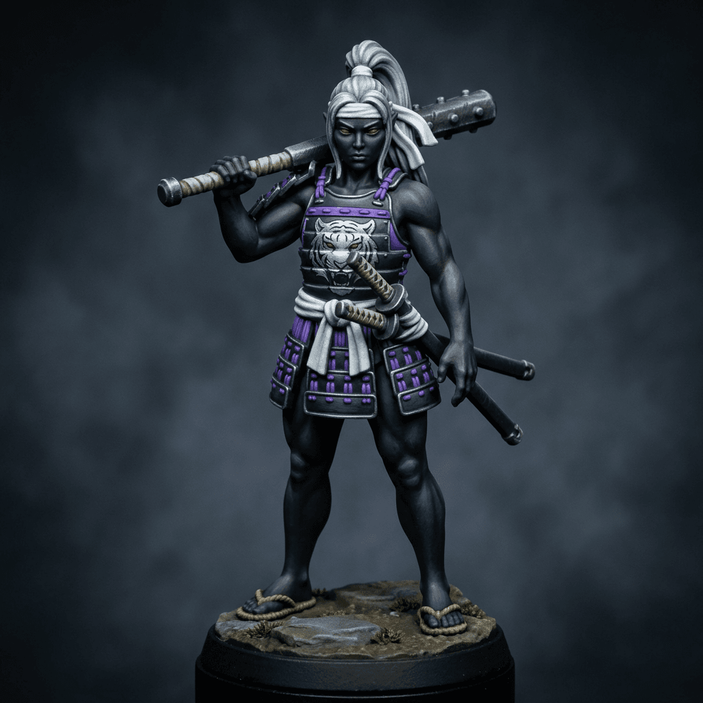 Miyamoto Ren 3.0 Drow Asian facial features jet black skin solid red eyes samurai