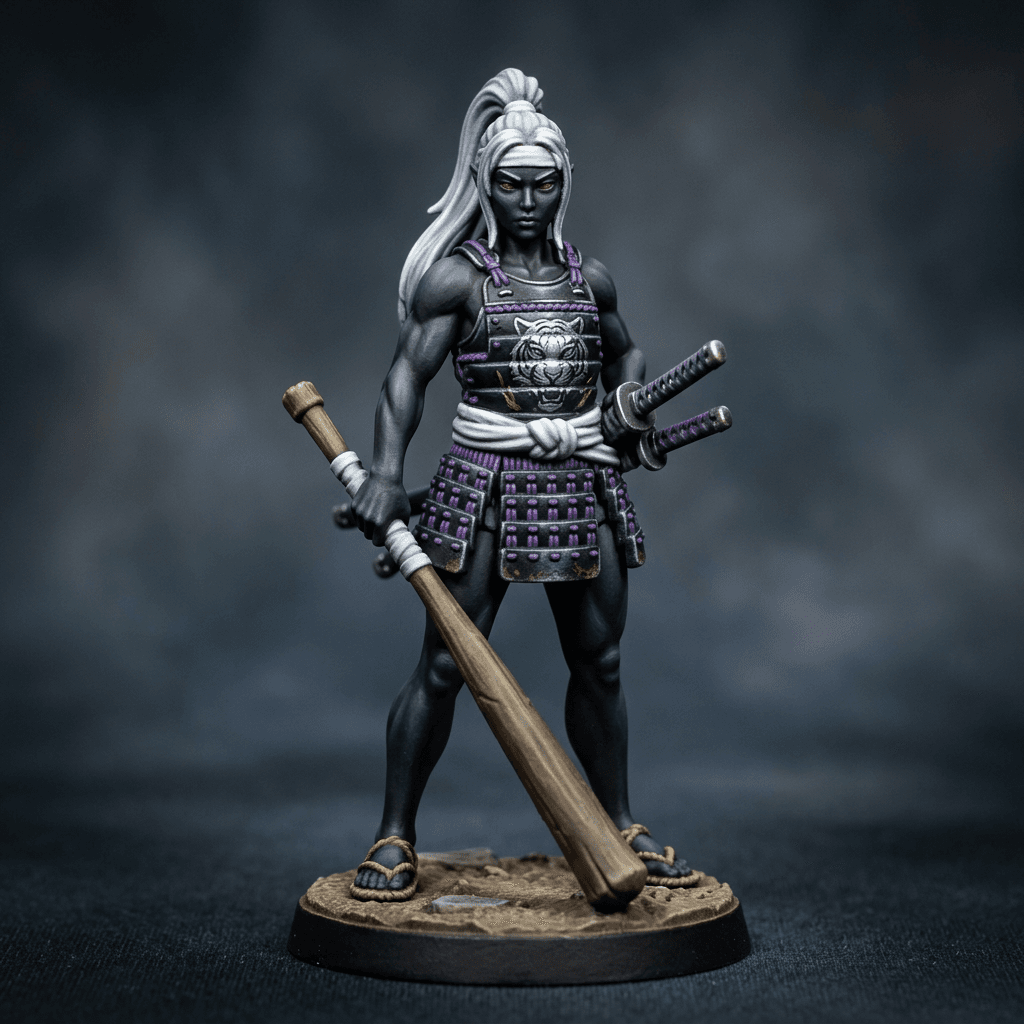 Miyamoto Ren 3.0 thin body Drow Asian face jet black skin solid red eyes samurai