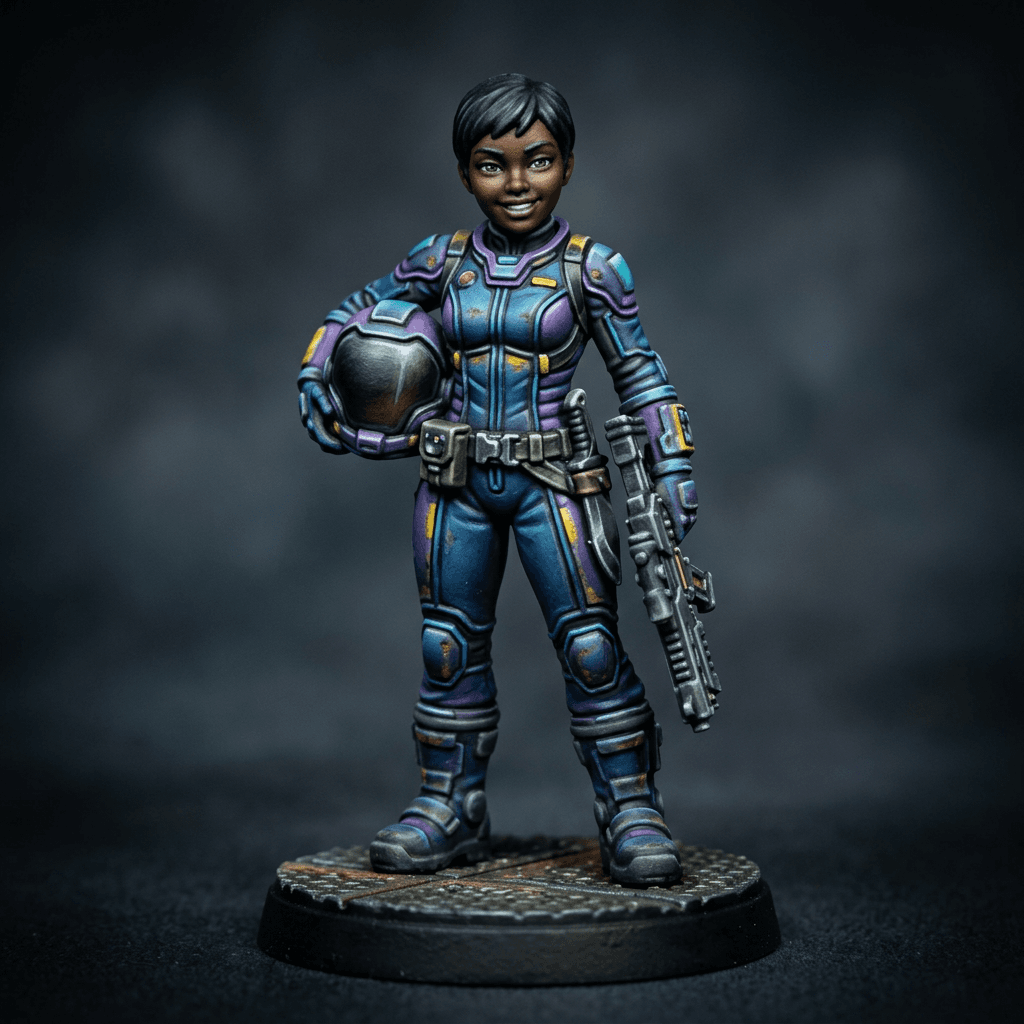 Marigold Kinoshita Short Human teen girl asian features very dark brown skin Military Space pilot