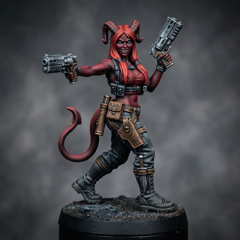 Ginger Snaps 2nd century post imperium dark red Tiefling horns prehensile tail tall thin sexy body mercenary gunslinger and smuggler