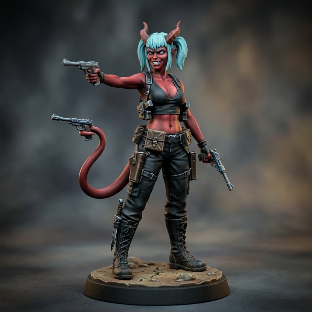 Ginger Snaps 2nd century post imperium dark red Tiefling horns prehensile tail tall thin sexy body mercenary gunslinger and smuggler