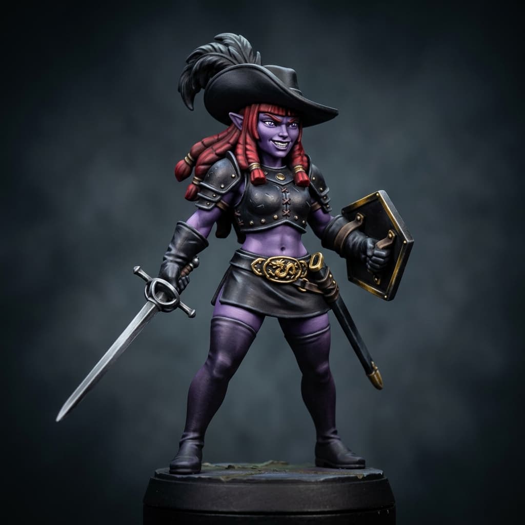 Meghana (OotA) Half Dark Elf dark purple skin red hair lavender eyes samurai