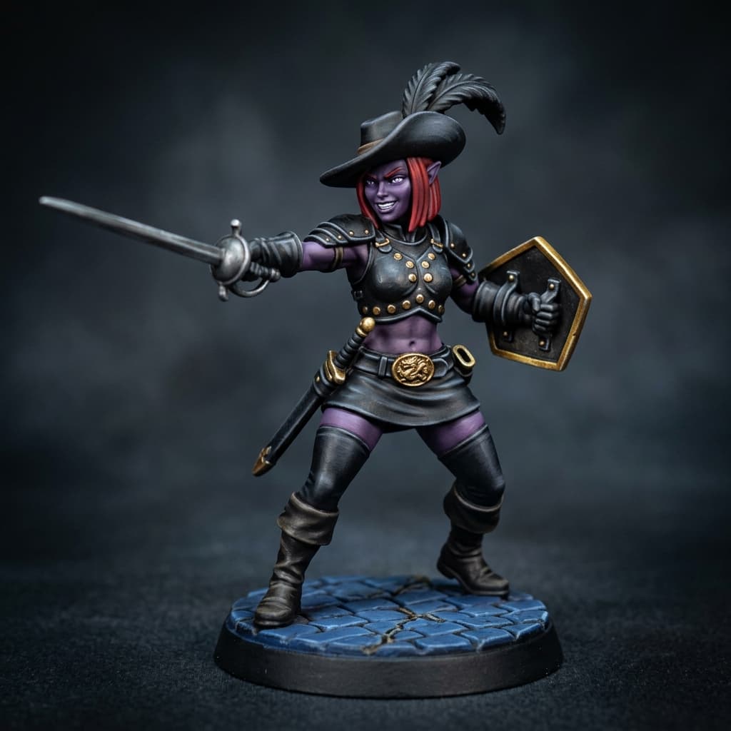 Meghana (OotA) Half Dark Elf girl dark purple skin red hair lavender eyes samurai