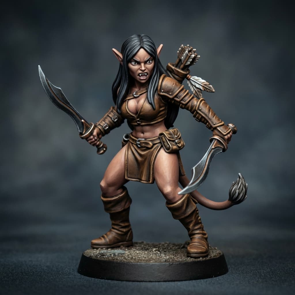 Shadowrazor Fey Elf dark skin very long ears tail with fur tuft on end ranger