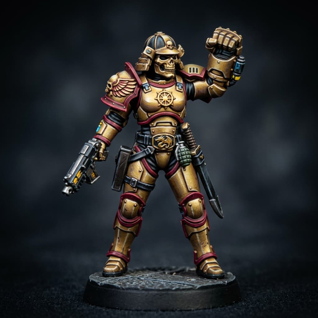 Imperial Army elite guard assault regiment 2.4 attacking Human gold armor with red trim gold skull face armored mask fighter