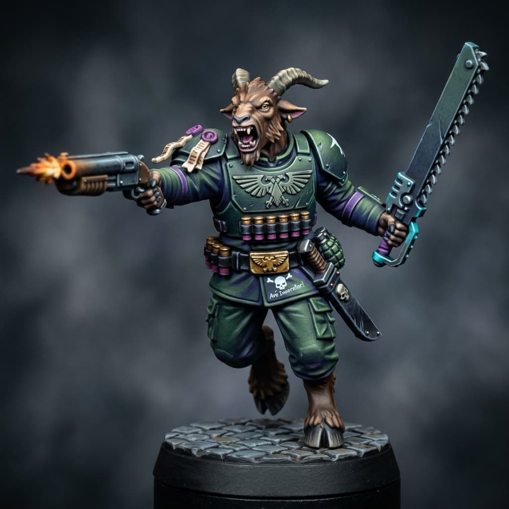 Imperial Sanctioned Beastman Light Infantry Trooper V9 Goat-like Humanoid horns cloven hooves brown fur like a goat Soldier