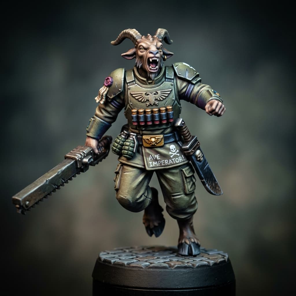 Imperial Sanctioned Beastman Assault Trooper V10 Goat-like Humanoid horns cloven hooves brown fur like a goat Soldier