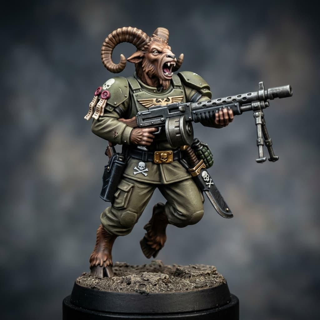 Imperial Sanctioned Beastman Assault Trooper V16 Goat-like Humanoid horns cloven hooves brown fur like a goat Soldier
