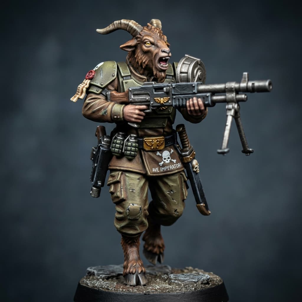 Imperial Sanctioned Beastman Assault Trooper V16 Goat-like Humanoid horns cloven hooves brown fur like a goat Soldier